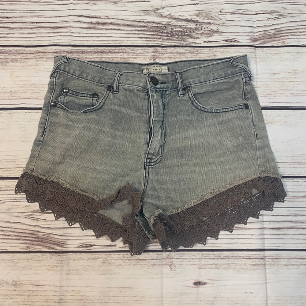 FP Gray Jean Shorts with Distress and Lace W 28